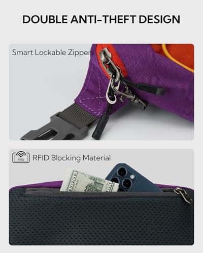 WATERFLY Small Fanny Pack RFID Blocking Travel Hiking Crossbody Waist Bag - color: Purple-Red