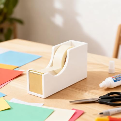 Acrylic Tape Dispenser with 1 Roll Tape, White Tape Dispenser Non-Slip Base Sleek Desktop Tape Cutter for Office & Home Acrylic Desk Accessories