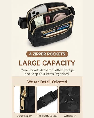 Fanny Packs for Women Crossbody Belt Bags, Waist Pack with Adjustable Strap - color: B-Black Camo, size: Double Layer