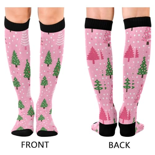 Snowflake Red Christmas Compression Sock for Women Men Funny Support Knee High Socks Running,Nurses,Travel - color: Christmas Trees Pink Polka