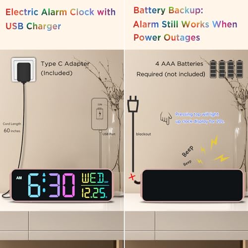 Peakeep Large Display Digital Alarm Clock for Bedroom with Date Day of Week - color: Rose Gold With Colorful (Plug-in Ac Powered)