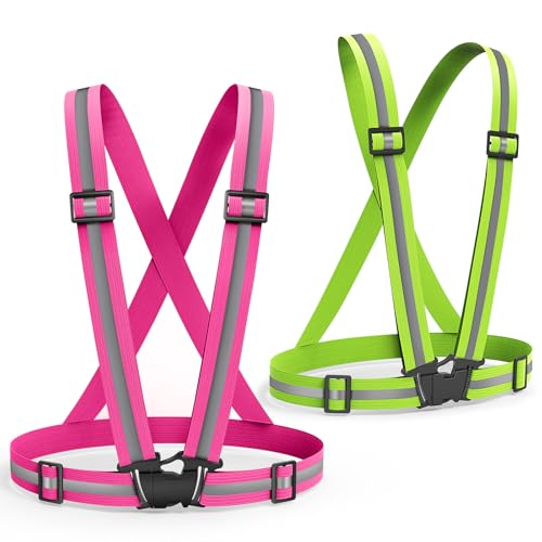 2 Packs Reflective Vest Running Gear, High Visibility Reflective Running Gear Adjustable Elastic Safety Vest for Night Jogging, Biking, Walking or Dog Walking, Running Vest for Men Women Children - color: green &Pink