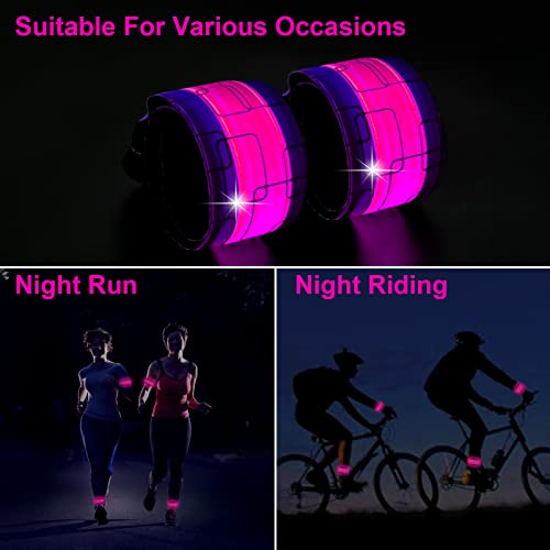 LED Safety Wristband Lights - Rechargeable Light Up Arm Ankle Band Kids Magic Slap Glow Bracelets Reflective Belt High Visibility for Night Cycling Walking Joggers Running Gear - color: Pink
