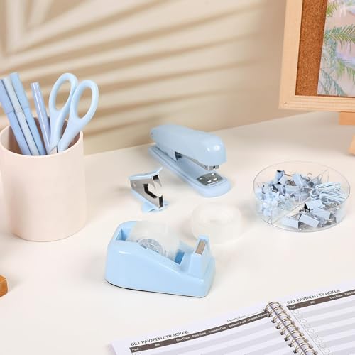 SKYDUE Blue Office Desk Accessories, Stapler and Tape Dispenser Set,10PCS - color: Blue