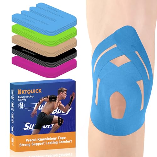 KTQUICK Precut Kinesiology Tape for Knees,24 PCS,20% Stronger Adhesive Blue - color: Blue, size: 24PCS