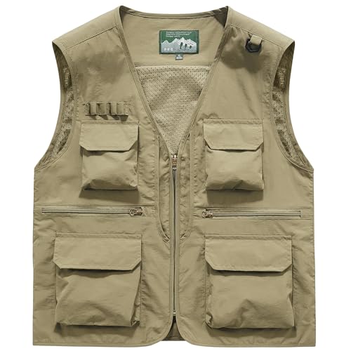 Men's Utility Fishing Cargo Vest Outdoor Lightweight Safari Travel Photo Vest Hiking Waistcoat With Multi Pockets - color: Khaki, size: Large