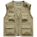 Men's Utility Fishing Cargo Vest Outdoor Lightweight Safari Travel Photo Vest Hiking Waistcoat With Multi Pockets - color: Khaki, size: Large