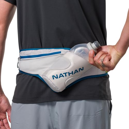 Nathan Peak Running Hydration Waist Pack Belt w/ Speed Draw Flask Water Bottle, 18oz/535 ml Push/Pull Race Cap, Expandable Zippered Stretch Pocket - color: Vapor Grey