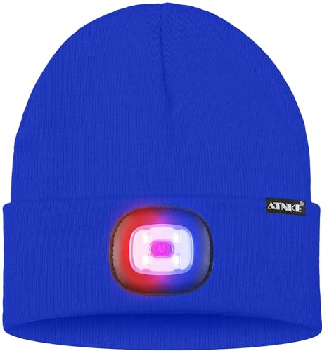 ATNKE LED Lighted Beanie Hat,USB Rechargeable 4 LED Red and Blue Flashing Running Headlamp Cap Gifts for Men and Women - color: #Blue