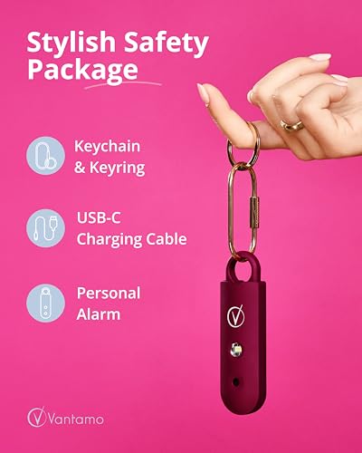 Vantamo Personal Alarm for Self Defense with Low Battery Notice, Strobe Light & Extra Loud 130 dB Double Speakers Safety Keychain Set for Women, Rechargeable Panic Button for Womens Self Defense - color: Mulberry