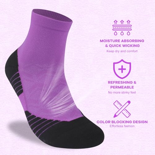NIcool Cycling Socks For Men, 1/3 Pairs Bright Seamless Compression Running Crew Socks Youth Cushioned Tennis Quarter Socks - color: 3 Pairs Purple