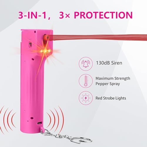 3-in-1 Self Defence Personal Alarm with Pepper Spray Set for Women, Max Strength Pepper Gel & 130 dB Safety Alarms & Strobe Lights, Quick Release, 3X Protection, Canister Replaceable - color: Rose