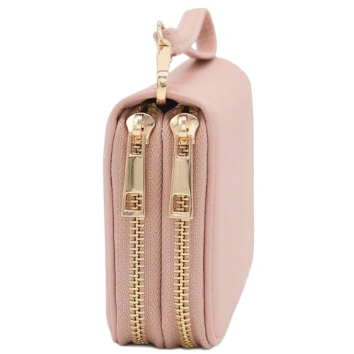 FashionPuzzle Double Zip Around PU Leather Wristlet Cell Phone Wallet - color: Blush
