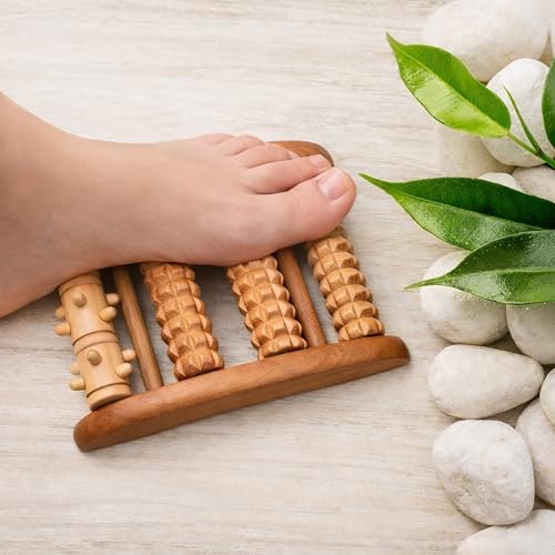 Wooden Foot Roller Massager, 4 Textured Rollers, Reflexology Tool, Brown