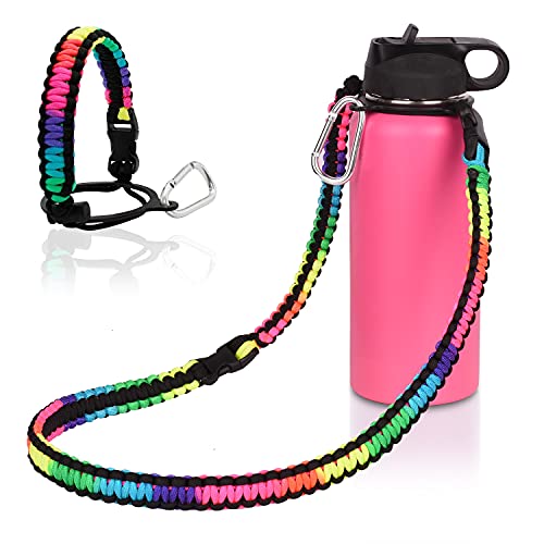 Wongeto Paracord Handle Carrier Holder with Shoulder Strap,Compatible with Hydro Flask Wide Mouth Water Bottles - color: Rainbow