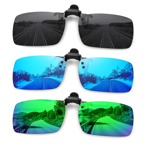 MEETSUN Polarized Clip On Sunglasses for Men Women, Fit Over Glasses - color: 3pack-black+blue+green