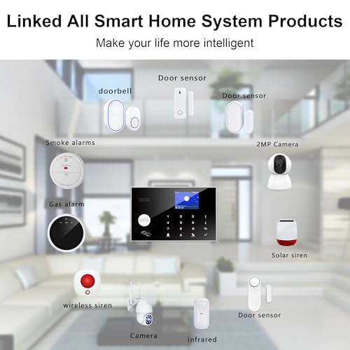 Wireless Home Alarm System, 13pcs GSM SMS 2G WiFi Full Burglar Alarm System, Siren Alarm with PIR, Door Window Sensor, Camera, Remote Control for Apartment, Garage, Office