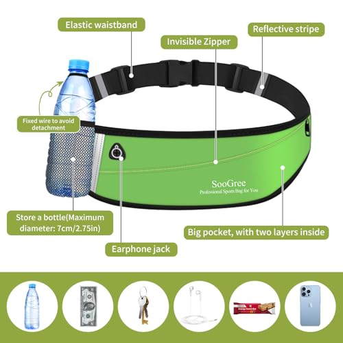 SooGree Slim Running Belt Fanny Packs for Women Men,Water Bottle Holder Hydration Fanny Pouch,Waterproof Sport Waist Pack with Reflective Strip,Runner Belt Bag for Running Cycling Camping Gym (Green) - color: Green