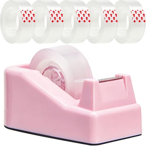 Tape Dispenser Desk,Desktop Tape Dispenser, Tape Dispenser with Weighted Non-Skid Base, Includes 6 Rolls Transparent Tape (0.71" x 1000"),Heavy Duty Tape Holder for Office, Home, School(Pink) - color: Pink