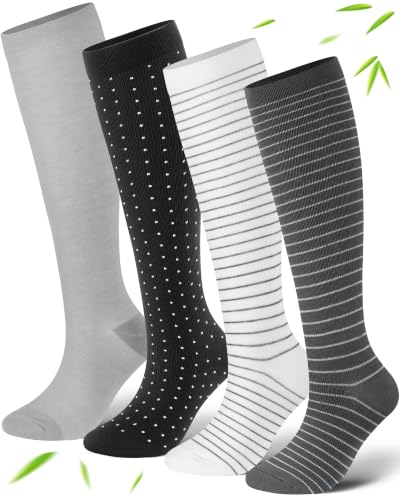 Bamboo Viscose Compression Socks|4Pairs 15-20mmHg Knee High Socks - color: Grey, size: Small-Medium