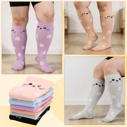 Jspupifip 6 Pairs Plus Size Compression Socks for Women, Wide Calf - color: Black, Gray, Blue, Purple, Pink, Khaki, size: XX-Large