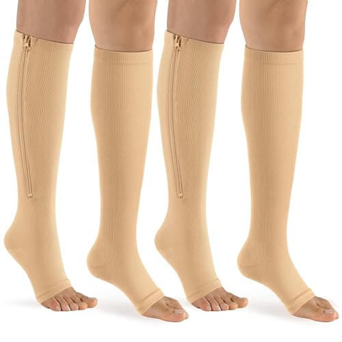 bropite Zipper Compression Socks Women & Men - 2Pairs Calf Knee High 15-20mmHg Open Toe Compression Stocking suit for Walking - color: B- Nude, size: Xx-large