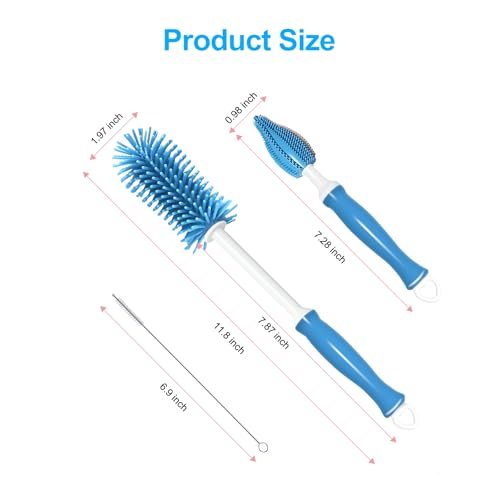 Bottle Brush Set 3-in-1, Including Long Handle Silicone Bottle Brush, Detail Cleaner, Straw Brush, Non Scratch Cleaning Brushes for Water Bottles, Tumblers and Glass (Blue) - color: Blue