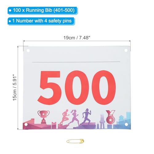PATIKIL Tearproof Running Bib Numbers, Medals Waterproof Race Competitor Numbers with Safety Pin for Marathon Sports Game Competition Runner - style: 401-500