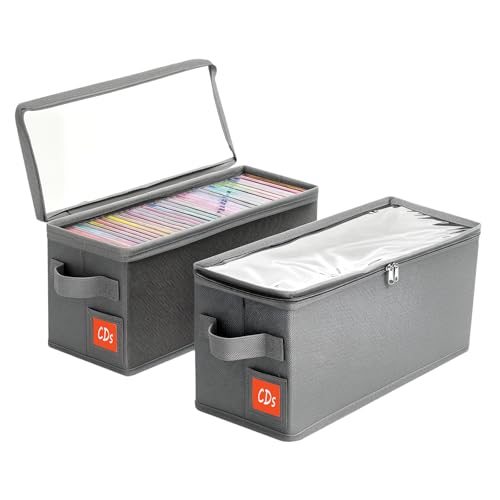 Stackable CD Holder & Storage Case - CD Storage Box Organizer with Lid & Handle - Dustproof CD Container with Clear PVC Top - 2Pack (Gray) - size: CD-2Pack