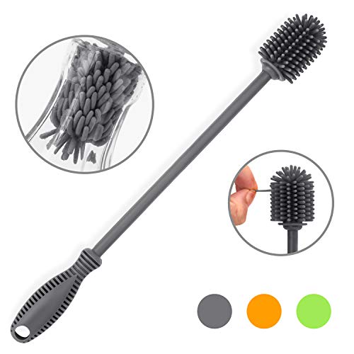 Silicone Bottle Brush with Long Handle, 12.5" Bottle Cleaning Brush, Gray - color: Gray