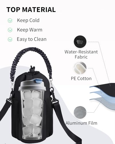 sportsnew Large Water Bottle Bag for 32/40/64oz Cup & Tumbler,Crossbody Insulated Cup Sleeve Bottle Holder Carrier with Strap - color: Black