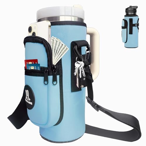 Sports rabbit Universal Water Bottle Holder with Strap & Phone Pocket - color: Blue, size: 40OZ