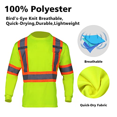 VENDACE Men's High Vis Safety Work T Shirt ANSI Class 2 Reflective Long Sleeve Shirt with Pocket(Yellow,2XL) - color: Yellow, size: XX-Large