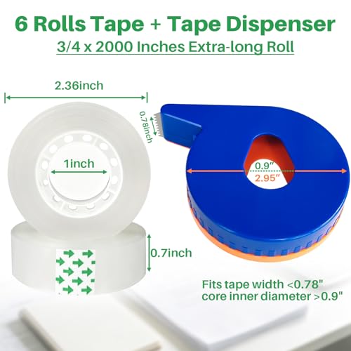 6 Rolls 3/4 x 2000 in Transparent Tape Refills Rolls with Tape Dispenser