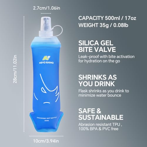 N NEVO RHINO Soft Flask 17oz/500ml, 2PCS TPU Running Water Bottle - color: 2*500ml-Blue