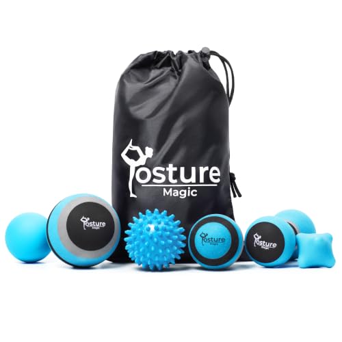 Posture Magic Massage Ball Set for Myofascial Trigger Point Release & Deep Tissue Massage - Set of 6 - Large Foam/Small Foam/Lacrosse/Peanut/Spiky/Hand Exercise Ball (Blue) - color: Blue