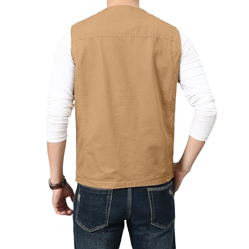 PRIJOUHE Mens Casual Cotton Vest Lightweight Outdoor Fishing Utility Vest - color: 03-khaki, size: Medium