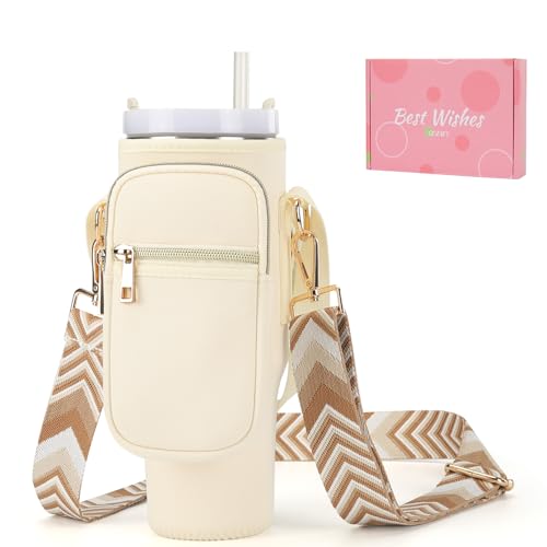 GOEWY Water Bottle Carrier Bag for Stanley Cup 40/30oz with Phone Pockets - color: Cream（Upgraded with Gift Box）, size: 40oz