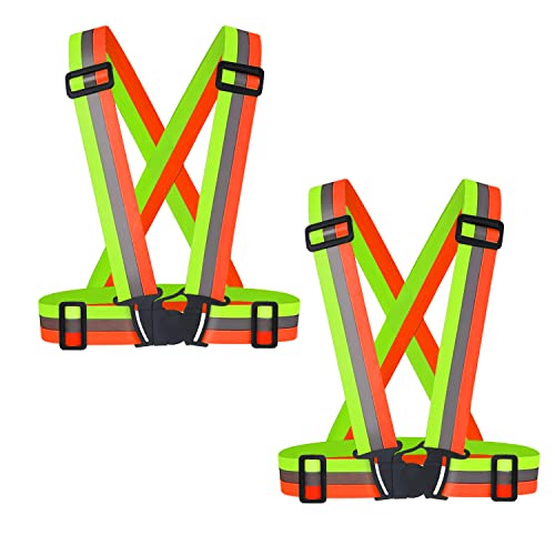 2 pcs Reflective Vest, Adjustable High Visibility Reflective Safety Straps Gear for Run, Cycling,Pet Walking - color: Green & Orange