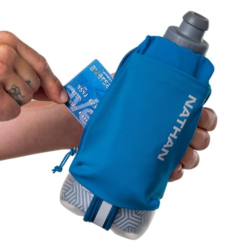 Nathan SpeedDraw 2 Insulated Handheld Running Water Bottle Flask – Double-Wall Insulation, Ergonomic Grip, Blast Valve Cap, Phone & Key Storage Pockets, Reflective Design - 18oz, Deep Blue - color: 18oz - Deep Blue
