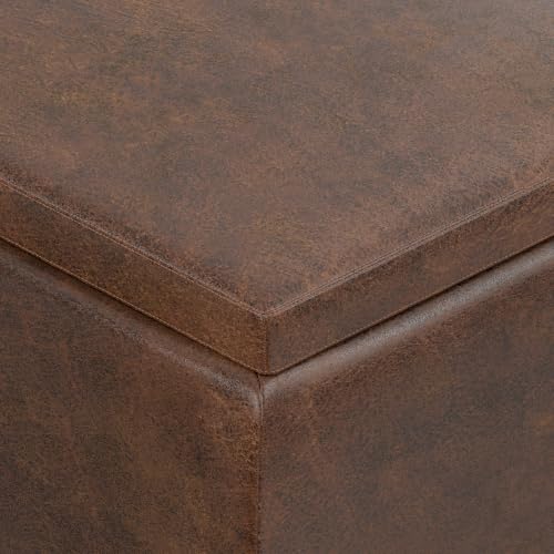 SIMPLIHOME Owen 34" Wide Vegan Leather Tray Top Ottoman in Chestnut Brown - color: Distressed Chestnut Brown