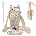 Water Bottle Carrier Bag for Stanley 40/30oz Cup Tumbler with Phone Pocket,Insulated Crossbody Water Bottle Holder with Adjustable Strap,Water Bottle Sling Pouch for Hiking Walking Camping Accessories - color: Leopard Grace Brown