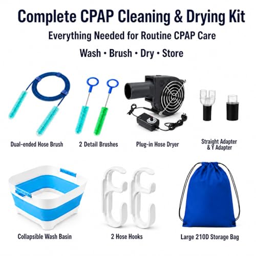 Complete CPAP Cleaning Kit with CPAP Hose Dryer, CPAP Dryer and Cleaning Supplies for 22 mm & 15 mm Tubing, CPAP Hose Cleaner Brush, Collapsible Wash Basin, and 2 Hooks (Ultra) - color: Ultra