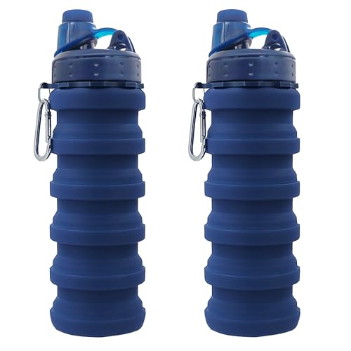 Collapsible Water Bottles Travel water bottle Sports Portable Sport Water Bottle Reusable Water Bottles comes with mountaineering Buckle 500ml silicone Water-proof camping water bottle - color: Dark Blue+Dark Blue, style: 2 pack