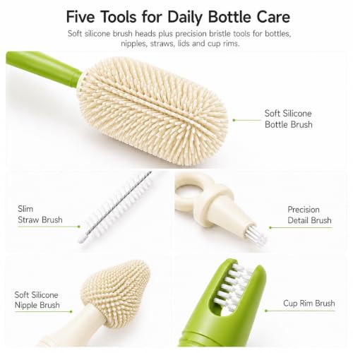 Baby Bottle Brush Set, 5 Cleaning Tools, Integrated Travel Storage, Green - color: Green & White