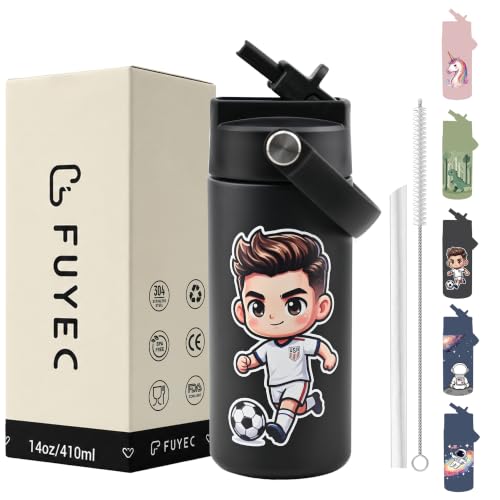 14 oz Insulated Water Bottle with Straw Lid and Handle, Spill Proof Double Wall Vacuum Keeps Cold 24H, Small Cute Metal Stainless Steel with Handle Cup for School,Sports & Outdoors - color: Soccer player