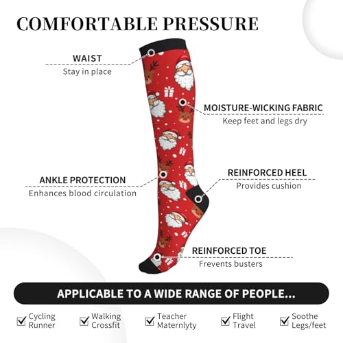 Compression Socks Knee High Circulation Support Socks For Women Men Athletic Running Work Hiking Cycling Travel - color: Christmas