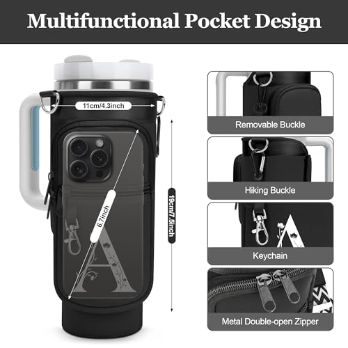 Initial Water Bottle Holder with Strap for Stanley Cup 40 oz Tumbler - color: Black, style: B