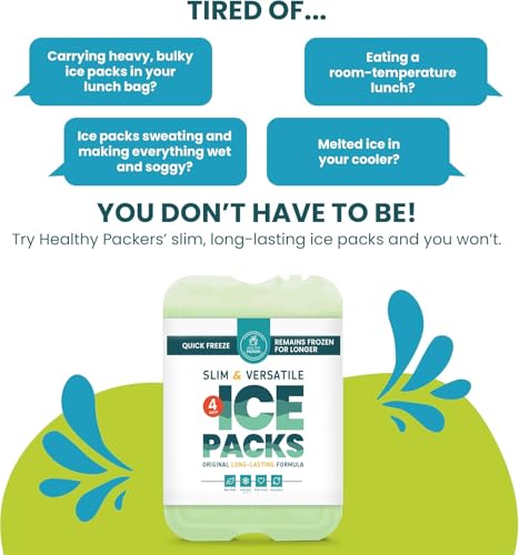 Healthy Packers Ice Packs for Lunch Boxes, Slim Cooler Ice Packs - color: Green (4 Pack)