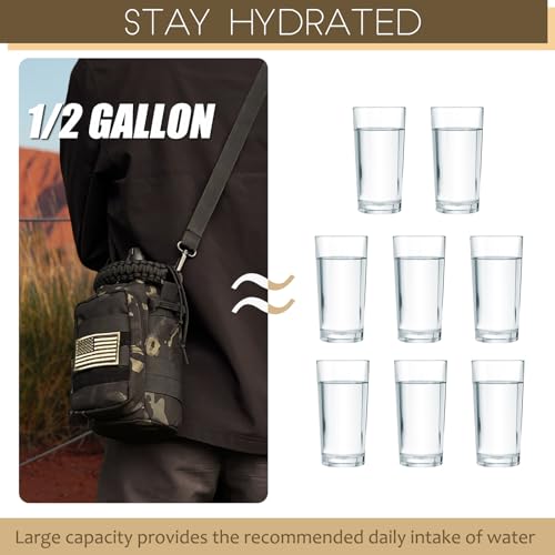 DEFUNX Half Gallon Water Bottle with Sleeve - 64 Oz Insulated Water Jug with Strap Stainless Steel Big Gym Water Bottles for Men Sports Workout Hiking Camo Black - color: Black Bottle with Black Camo Sleeve, style: 64 Oz Water Bottle